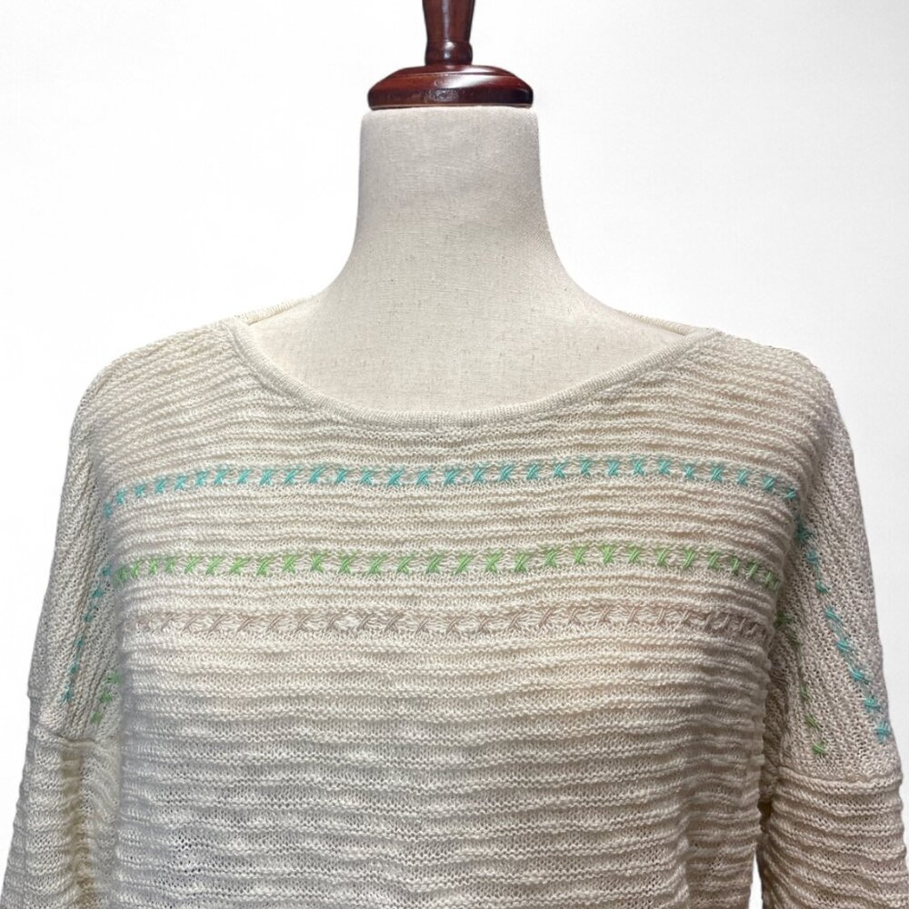 J Jill Womens Cream Light & Airy Knit Textured Embroidered Coastal Beach Sweater - Picture 2 of 7